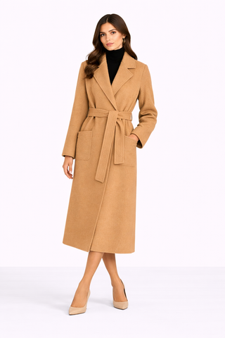 Woman wearing a beige coat on a white background