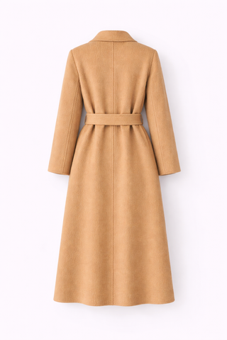 Tan coat with a belt on a white background