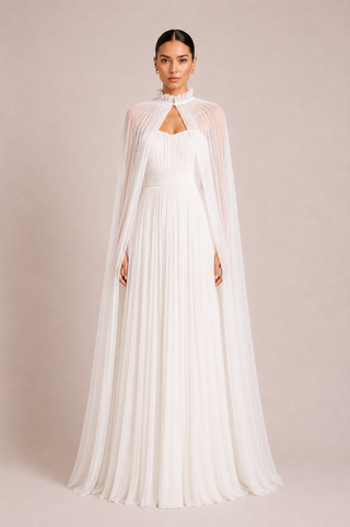 Bridal Maxi Dress with Cape White A line Elysia white convertible bridal gown featuring a strapless pleated wedding dress with removable flowing cape and hidden back zipper for modern brides and elegant wedding ceremonies
