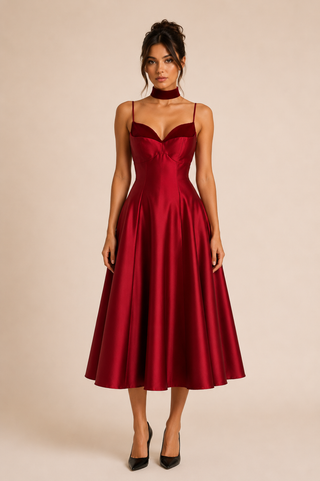 Red Midi A Line Dress Cocktail legant with Choker winered Vintage 1950s style Devil wears Prada 