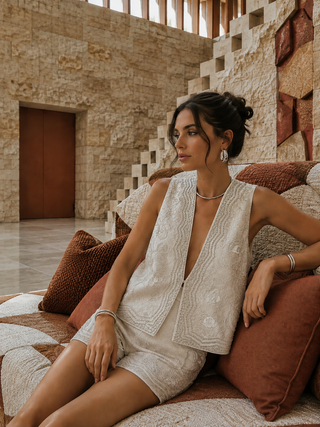 A woman sits on a textured sofa in a modern stone-walled interior, wearing a sleeveless cream embroidered vest and matching shorts. She is accessorized with silver jewelry, including a necklace and bracelets.