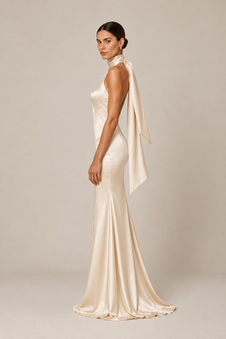 A woman modeling a floor-length satin bridal gown in a warm ivory or cream tone, shown in side profile against a plain light beige studio background. The dress has a high neck with a draped bow detail and a fitted silhouette with a slight flare at the hem.