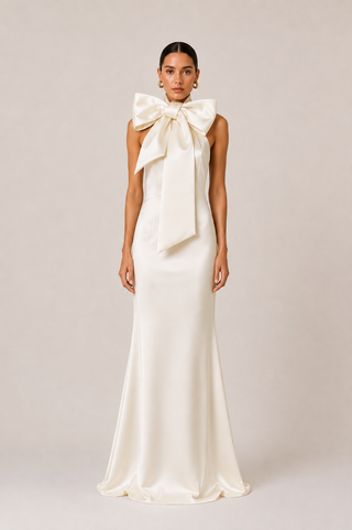 A woman modeling a sleeveless ivory satin gown with a large bow at the neckline, standing against a plain light beige studio background.