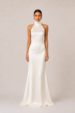 A woman modeling a floor-length satin gown with a high mock neck and sleeveless silhouette, photographed against a plain warm beige studio background.