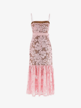 A pink floral lace midi dress with spaghetti straps, a fitted bodice, and a tiered skirt, shown against a plain white background.