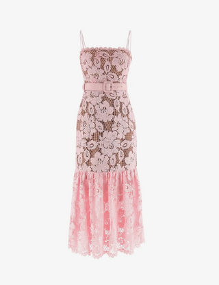 A pink floral lace midi dress with spaghetti straps, a matching pink belt with a square buckle, and a flared lace hem, shown on a plain white background.