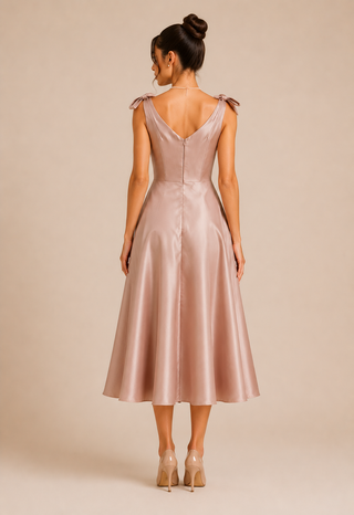 Woman wearing a rose gold dress against a beige background