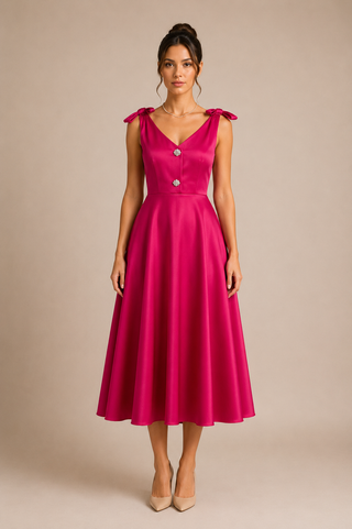 Woman wearing a pink dress with buttons on a beige background elegant midi dress taffeta vintage style minimal 