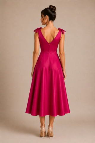 Woman wearing a pink dress with a plain background