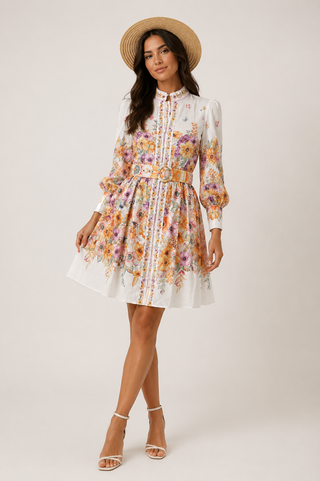 Elegant floral mini dress featuring a romantic watercolor flower print in pink, peach, lavender, and yellow tones, long sleeves, high neckline, matching waist belt, fit and flare silhouette, and feminine spring-inspired design, perfect for wedding guests, baby showers, bridal showers, garden parties, brunches, vacations, and summer occasions. Zimmermann Style Dress inspired dupe alike 