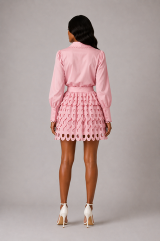 2 piece matching set skirt blouse pink blush 