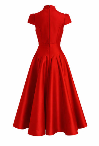 Red dress shown from the back on a white background