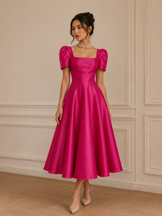 Woman wearing a pink dress with puff sleeves against a beige wall. 1950s style vintage dress elegant midi flared