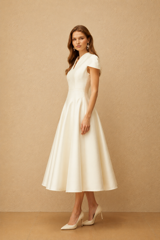 Woman wearing a white dress against a beige background