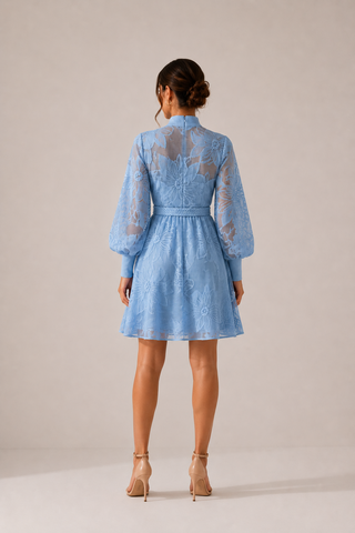 Powder blue floral lace mini dress featuring intricate embroidered lace, sheer long sleeves, high neckline, detachable braided waist belt, coordinating slip dress, fit and flare silhouette, and concealed back zipper closure, perfect for wedding guests, baby showers, bridal showers, garden parties, and elegant spring or summer occasions.