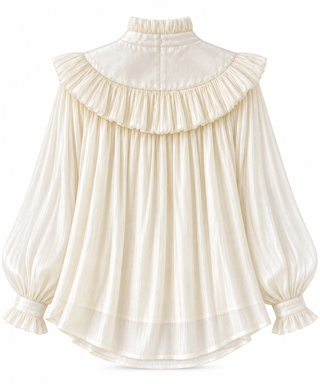 An off-white long-sleeve blouse with a high ruffled mock neck, pleated body, and ruffled cuffs, shown against a plain white background.