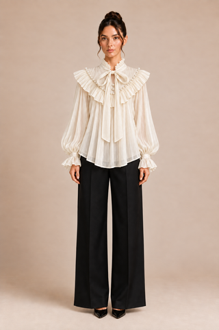 A model stands against a solid beige studio background wearing a cream-colored, long-sleeved blouse with dramatic ruffles and a large bow at the collar, paired with black wide-leg trousers.