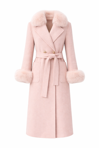 Pink coat with fur trim on a white background