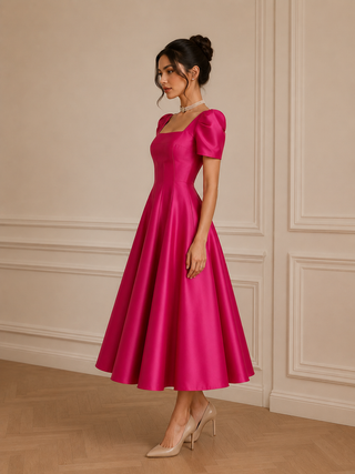 Woman wearing a pink dress with puff sleeves against a beige wall. 1950s style vintage dress elegant midi flared