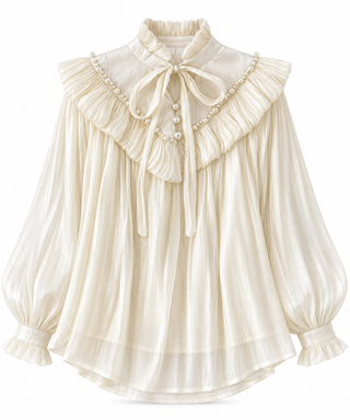 An off-white long-sleeve blouse with a high ruffled collar, pearl accents, and a front bow tie, shown on a plain white background.