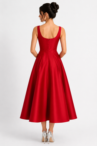 Elegant vintage-inspired red satin prom dress with square neckline and full A-line midi skirt, modeled by a dark-haired woman on a clean white studio background. Classic old-money silhouette perfect for prom, formal events, cocktail parties, wedding guest looks, and timeless eveningwear.