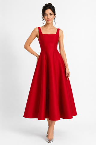 Elegant vintage-inspired red satin prom dress with square neckline and full A-line midi skirt, modeled by a dark-haired woman on a clean white studio background. Classic old-money silhouette perfect for prom, formal events, cocktail parties, wedding guest looks, and timeless eveningwear.