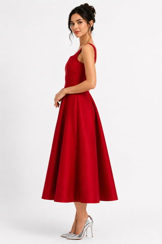 Elegant vintage-inspired red satin prom dress with square neckline and full A-line midi skirt, modeled by a dark-haired woman on a clean white studio background. Classic old-money silhouette perfect for prom, formal events, cocktail parties, wedding guest looks, and timeless eveningwear.