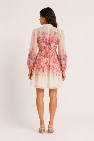 Romantic floral mini dress featuring a colorful pink and coral floral print, sheer long sleeves, high neckline, decorative front buttons, removable waist tie belt, fit and flare silhouette, and fully lined design, perfect for wedding guests, baby showers, garden parties, bridal showers, and elegant spring and summer occasions.zimmermann style inspired dupe