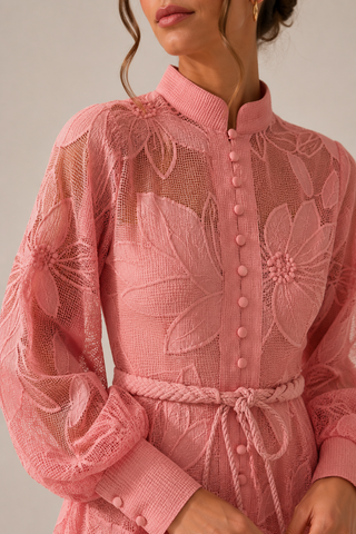 Pink floral lace mini dress featuring intricate embroidered lace, sheer long sleeves, high neckline, detachable braided waist belt, coordinating slip dress, fit and flare silhouette, and concealed back zipper closure, perfect for baby showers, wedding guests, bridal showers, garden parties, spring events, and summer occasions. Pink Summer Babyshower Dress Mini