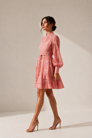 Pink floral lace mini dress featuring intricate embroidered lace, sheer long sleeves, high neckline, detachable braided waist belt, coordinating slip dress, fit and flare silhouette, and concealed back zipper closure, perfect for baby showers, wedding guests, bridal showers, garden parties, spring events, and summer occasions. Pink Summer Babyshower Dress Mini