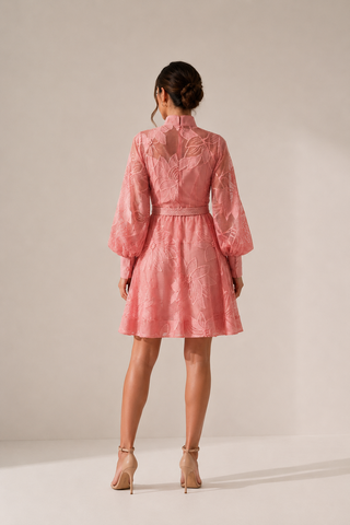 Pink floral lace mini dress featuring intricate embroidered lace, sheer long sleeves, high neckline, detachable braided waist belt, coordinating slip dress, fit and flare silhouette, and concealed back zipper closure, perfect for baby showers, wedding guests, bridal showers, garden parties, spring events, and summer occasions. Pink Summer Babyshower Dress Mini