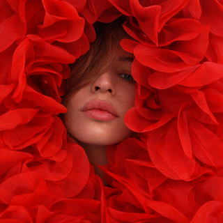 Person surrounded by red floral petals