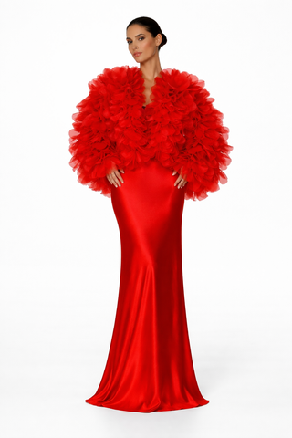Red evening gown with feathered shrug on a white background