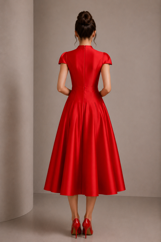 Red dress worn by a person against a neutral background