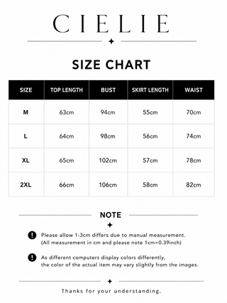 Cielie size chart for clothing measurements on a white background