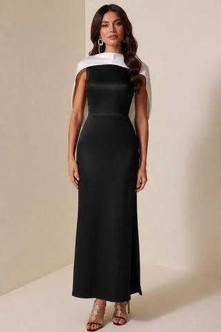 black midi dress with detachable white cape elegant cocktail prom wedding guest outfit