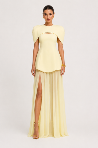 Buttercream yellow 3-piece convertible formal dress set featuring structured cape, tailored mini dress, detachable maxi overlay skirt, elegant wedding guest dress and bridesmaid gown for special occasions.