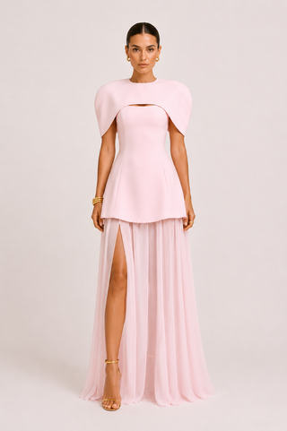 Vivienne blush pink convertible 3-piece dress set with structured mini dress, detachable chiffon maxi skirt and statement cape, ideal for wedding guests, bridesmaids, bridal events and formal occasions
