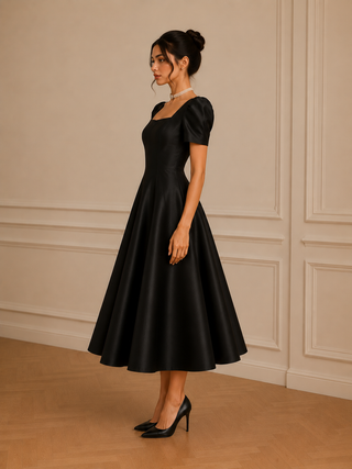 Woman wearing a black dress with puff sleeves in an elegant room. Vintage Midi 1950s elegant 