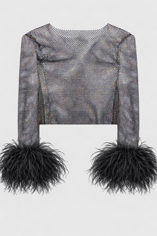 Metallic silver top with feathered cuffs on a white background