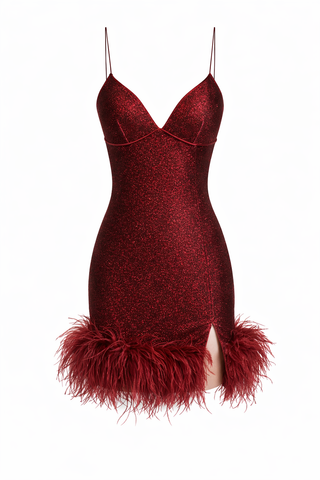 Red dress with feather details on a white background