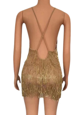 Gold fringe dress with open back on a mannequin against a white background