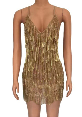 Gold beaded dress on a mannequin against a white background Gold Tassel Rhinestone Party Mini Dress swarovski 
