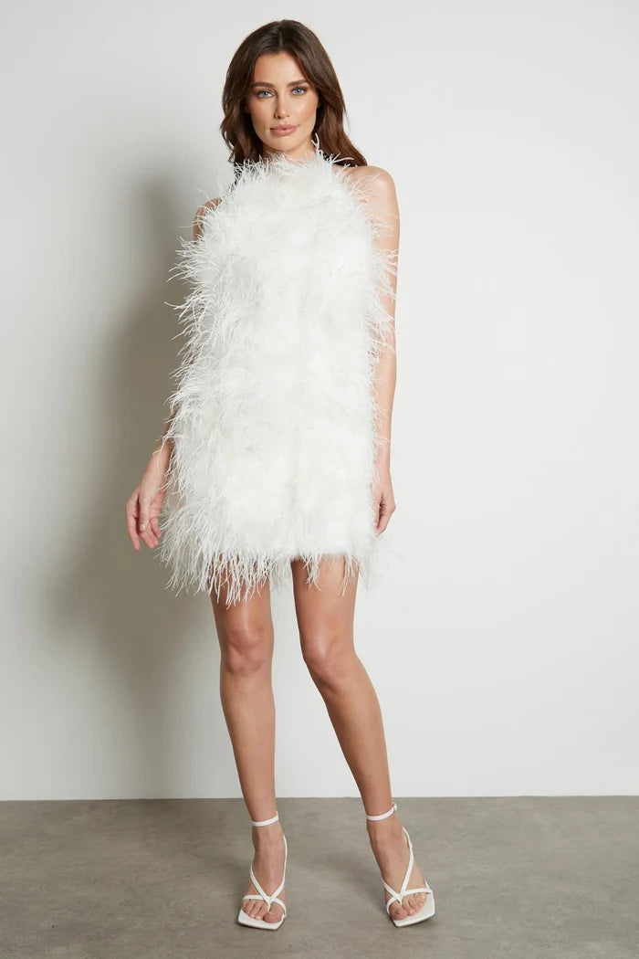 Ciel Halter Neck Ostrich Feather Dress XL / Gray
