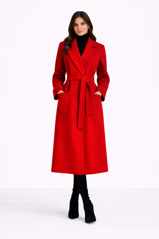 Woman wearing a red coat on a white background