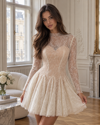 A woman models a beige lace long-sleeve mini dress in a bright, elegant room with a window, fireplace, and wooden floor.