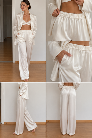 A woman modeling a matching cream satin pajama set with a blazer and wide-leg pants, shown in a multi-panel collage including full-body and close-up views of the fabric and waistband.