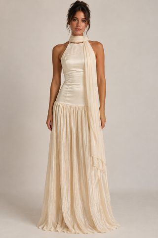 A model wearing a cream-colored halter-neck maxi dress with a pleated skirt and a matching draped scarf, set against a plain light gray studio background.
