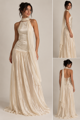 A cream champagne halter-neck maxi dress with a pleated skirt and draped overlay, shown in a three-panel studio collage from front, side, and back views on a model.