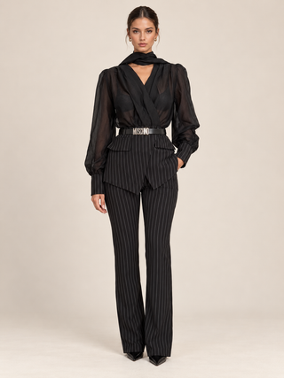 Lucía black pinstripe pants set with sheer scarf blouse front view